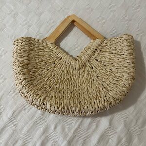 Natural Woven Straw Tote with Wooden Handles
